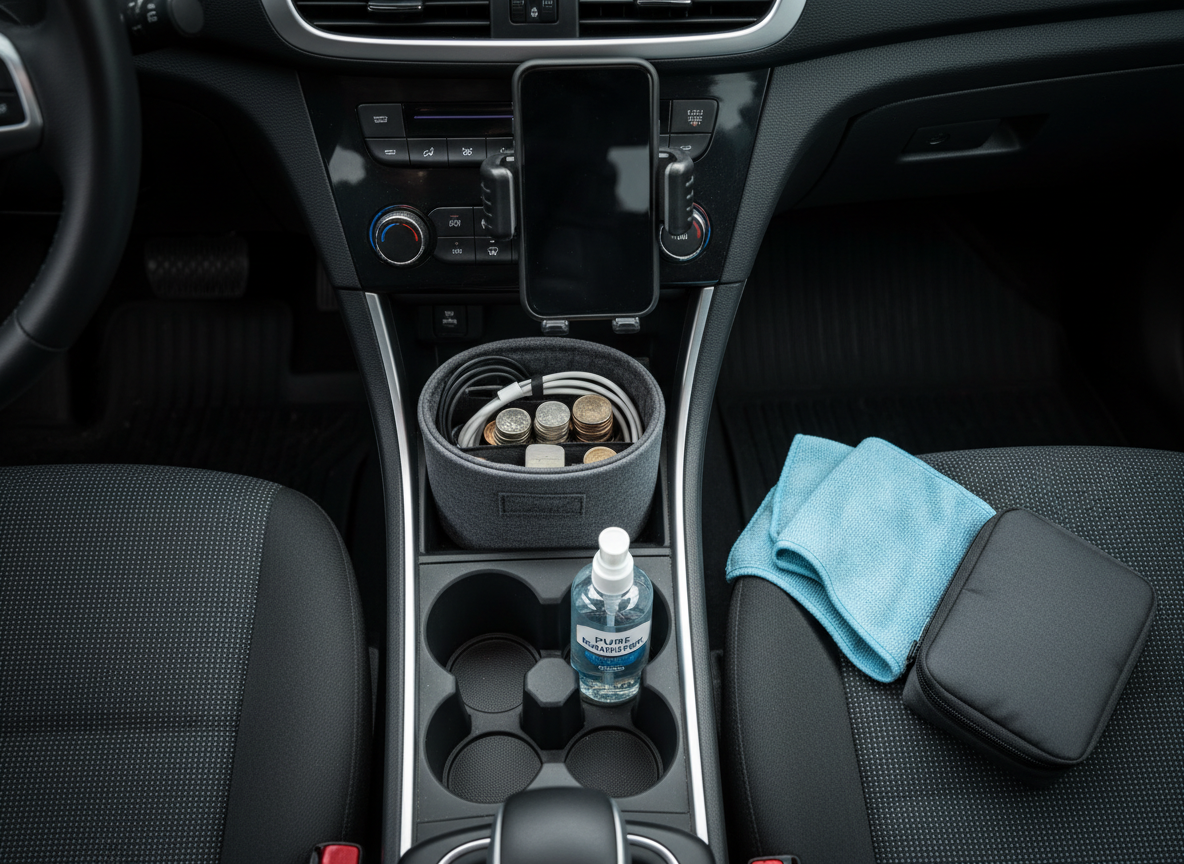A close-up, overhead view of a car’s center console and front seat area showcasing smartly arranged everyday essentials. A sturdy, non-branded phone mount grips a smartphone, while a slim organizer in the cup holder neatly stores charging cables, coins, and a compact hand sanitizer bottle. On the seat, a folded, lint-free cleaning cloth and a small storage pouch rest on dark fabric upholstery with a subtle texture. Soft ambient daylight filters through the windshield, creating gentle highlights on plastic and fabric surfaces and a calm, focused mood. Photographic realism, top-down composition with sharp detail and a slight vignette, emphasizing functionality, order, and real-world use during daily commutes.