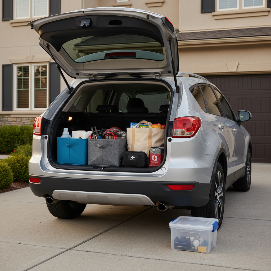 The open trunk of a mid-sized, modern crossover parked in a tidy driveway, carefully packed with well-organized car and home essentials. Collapsible storage bins hold cleaning supplies, jumper cables, a folded blanket, and a compact toolkit, while a reusable grocery tote and a stackable storage container sit nearby on the driveway’s clean concrete. A cozy suburban home façade with trimmed shrubs and a closed garage door frames the background. Late afternoon golden-hour light bathes the scene, creating warm reflections on the car’s paint and subtle shadows inside the trunk. Photographic realism, three-quarter rear angle composition, with sharp focus throughout to convey practicality, reliability, and everyday readiness for busy life on the go.