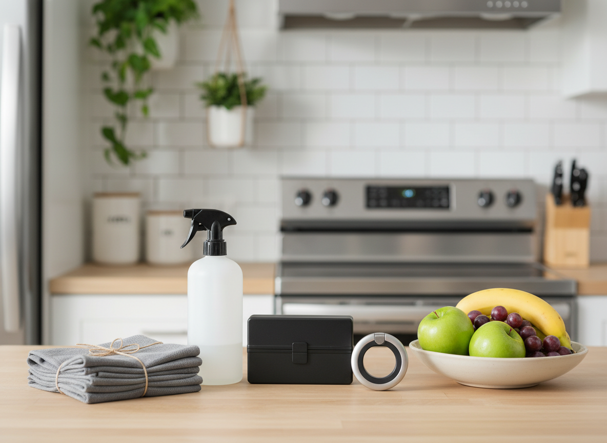 A neatly organized kitchen counter featuring a compact collection of essential home and car products, all in neutral, modern packaging with no visible text or logos. A set of microfiber cloths, a spray bottle, a small tool kit, and a sleek key organizer rest beside a bowl of fresh fruit on a light wood countertop. In the background, a bright, contemporary kitchen with stainless steel appliances and subtle greenery is softly blurred. Natural morning light streams through an unseen window, casting soft highlights and gentle shadows. Photographic realism, shot at eye level with a shallow depth of field, creating a clean, professional, and trustworthy atmosphere for an all-in-one home and car essentials brand.