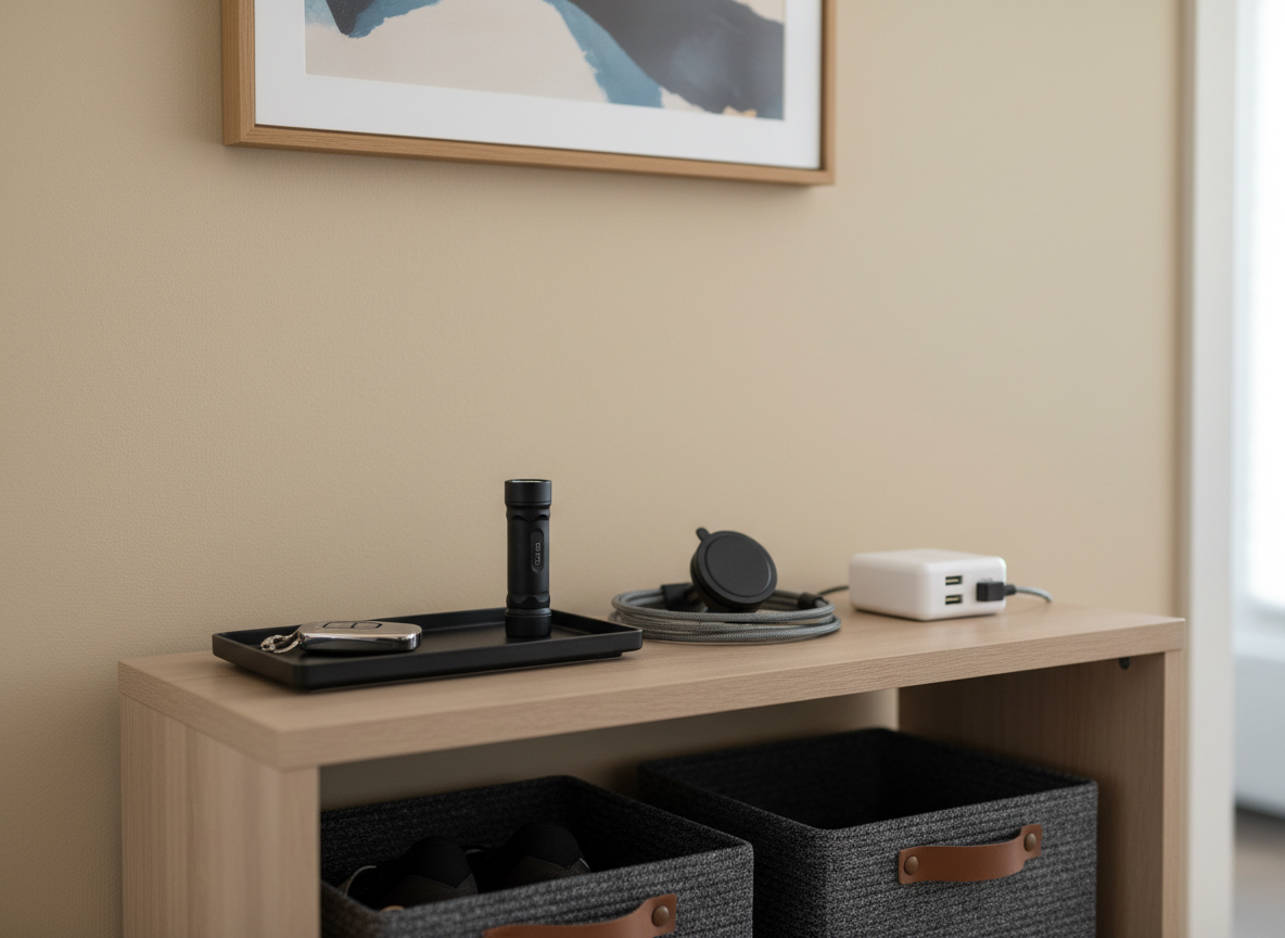 A minimalist entryway scene where a slim console table holds a small tray of home and car essentials: a sleek key fob, a compact flashlight, a smart-looking car phone mount, and a multi-port charger with neatly coiled cables. Below the table, a pair of sturdy storage baskets hints at hidden organization. The wall behind is smooth and light-toned, with a simple, framed abstract artwork blurred in the upper corner. Soft, diffused daylight from a nearby window illuminates the scene, creating a calm, uncluttered feeling. Photographic realism, eye-level composition using the rule of thirds, with a shallow depth of field that keeps the focus on the products. The mood is efficient, composed, and tailored for a busy, modern lifestyle.