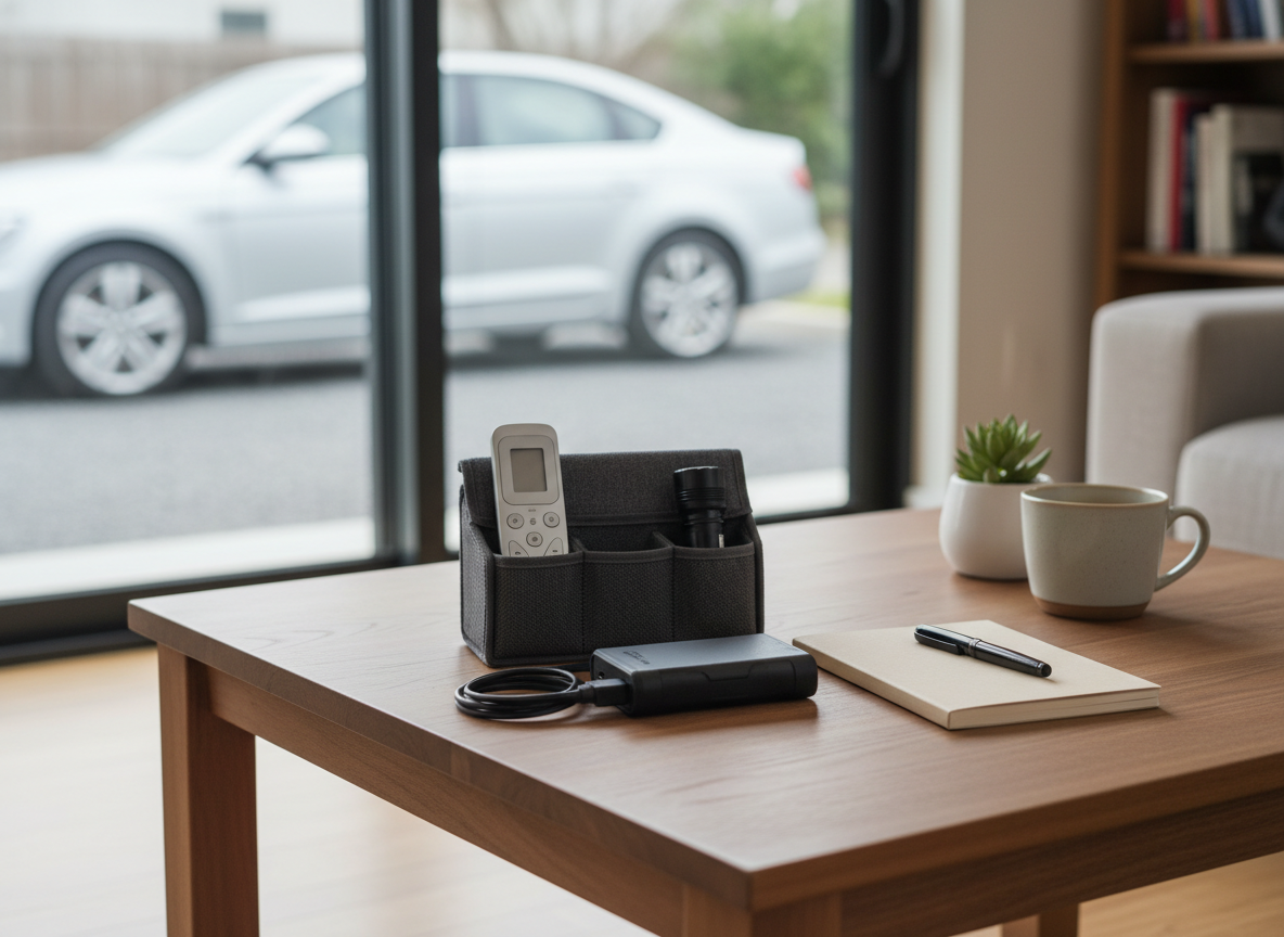 A tidy living room coffee table staged as a central hub of home and highway essentials. A non-branded remote caddy holds a universal remote and small flashlight, while a compact, rugged power bank and car charger cable rest beside a closed, plain notebook. In the background, a blurred view of a parked car is visible through a large window, hinting at easy transition from home to road. Soft, overcast daylight fills the room, eliminating harsh shadows and creating an even, comfortable glow. Photographic realism, slightly elevated angle with balanced composition, conveying a relaxed yet prepared atmosphere where home comfort and car readiness meet for a busy household.